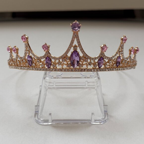 Gold & Purple Rhinestone Tiara Crown & Bobby Pins – Sparkly Prom/Pageant Princes - Picture 1 of 3
